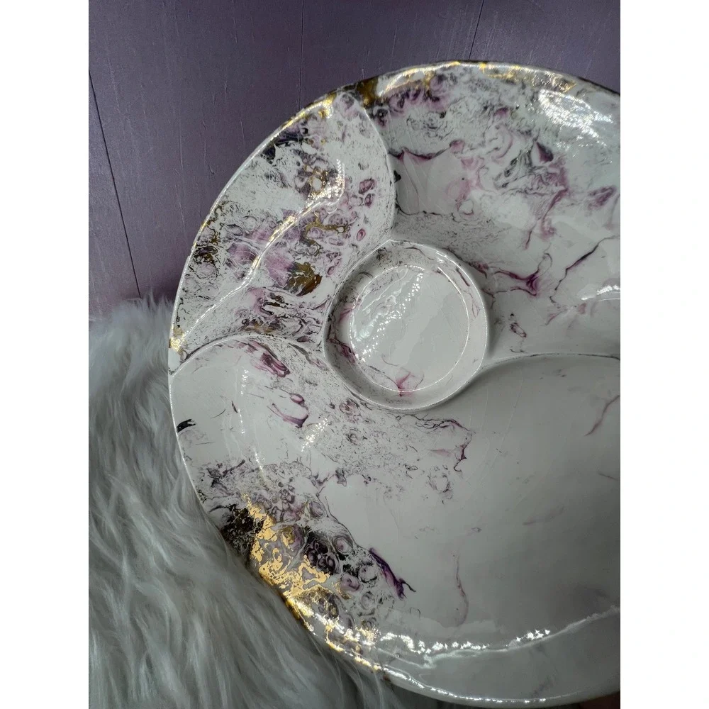 Vtg Sascha Brastoff California Pottery Surf Ballet Chip Dip Platter Purple‎ Gold